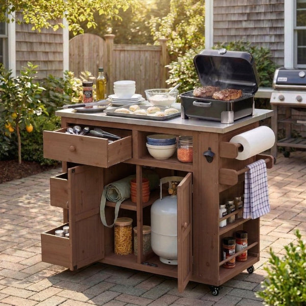 English Elm Topmax Outdoor Fir Wood BBQ Prep Cart Extendable Steel Top with Spice Rack Drawers Brown N717P417961D