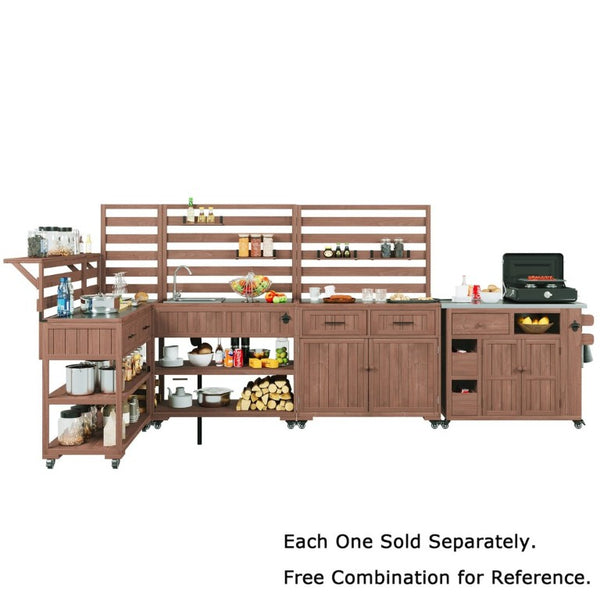 English Elm Topmax Outdoor Fir Wood BBQ Prep Cart Extendable Steel Top with Spice Rack Drawers Brown N717P417961D