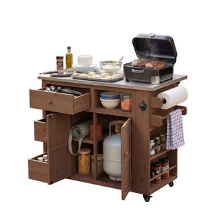 English Elm Topmax Outdoor Fir Wood BBQ Prep Cart Extendable Steel Top with Spice Rack Drawers Brown N717P417961D