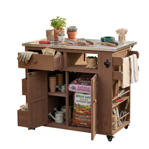 English Elm Topmax Outdoor Fir Wood BBQ Prep Cart Extendable Steel Top with Spice Rack Drawers Brown N717P417961D