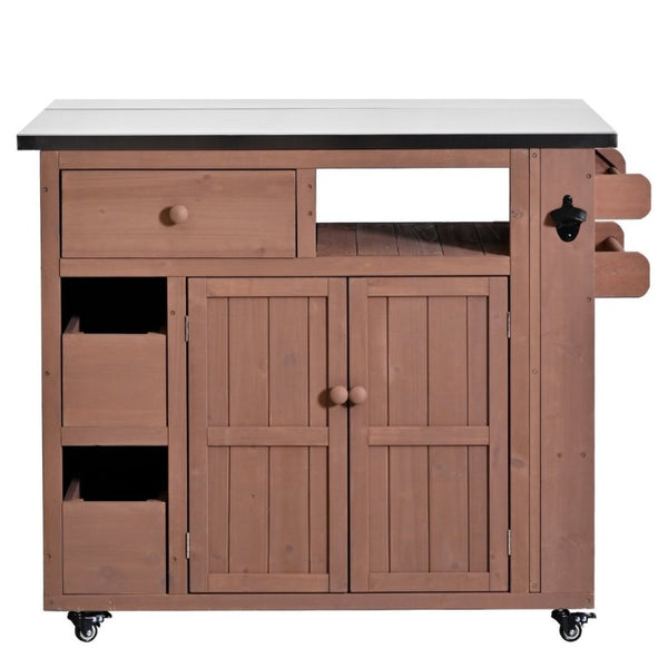 English Elm Topmax Outdoor Fir Wood BBQ Prep Cart Extendable Steel Top with Spice Rack Drawers Brown N717P417961D