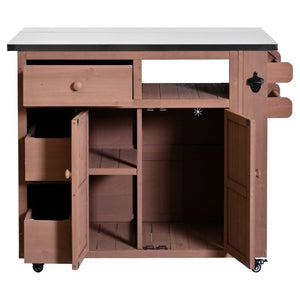 English Elm Topmax Outdoor Fir Wood BBQ Prep Cart Extendable Steel Top with Spice Rack Drawers Brown N717P417961D