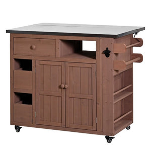 English Elm Topmax Outdoor Fir Wood BBQ Prep Cart Extendable Steel Top with Spice Rack Drawers Brown N717P417961D