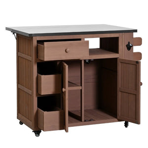 English Elm Topmax Outdoor Fir Wood BBQ Prep Cart Extendable Steel Top with Spice Rack Drawers Brown N717P417961D