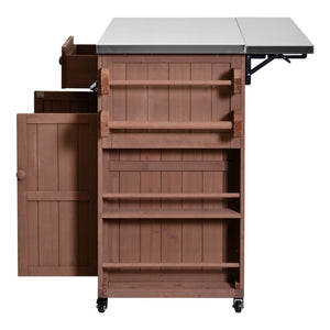 English Elm Topmax Outdoor Fir Wood BBQ Prep Cart Extendable Steel Top with Spice Rack Drawers Brown N717P417961D