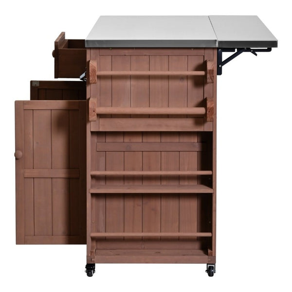 English Elm Topmax Outdoor Fir Wood BBQ Prep Cart Extendable Steel Top with Spice Rack Drawers Brown N717P417961D