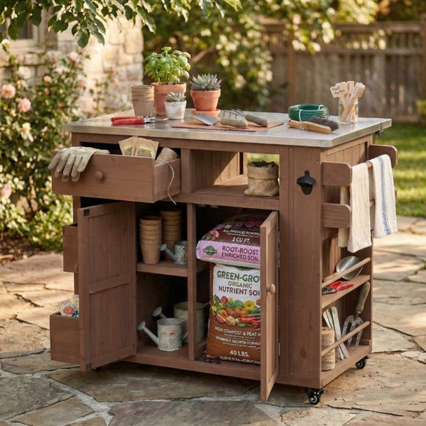 English Elm Topmax Outdoor Fir Wood BBQ Prep Cart Extendable Steel Top with Spice Rack Drawers Brown N717P417961D