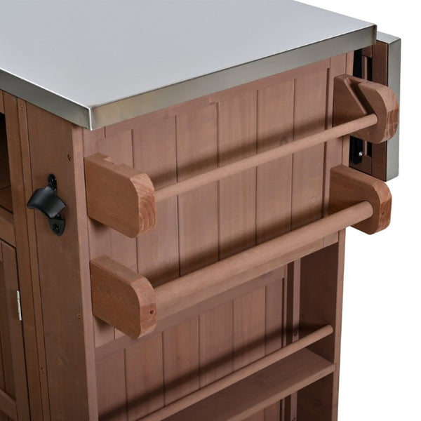 English Elm Topmax Outdoor Fir Wood BBQ Prep Cart Extendable Steel Top with Spice Rack Drawers Brown N717P417961D