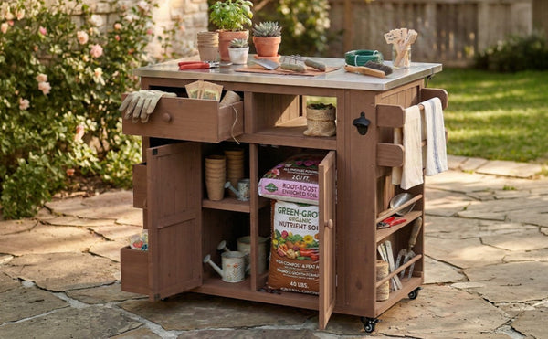 English Elm Topmax Outdoor Fir Wood BBQ Prep Cart Extendable Steel Top with Spice Rack Drawers Brown N717P417961D