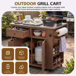 English Elm Topmax Outdoor Fir Wood BBQ Prep Cart Extendable Steel Top with Spice Rack Drawers Brown N717P417961D