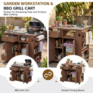English Elm Topmax Outdoor Fir Wood BBQ Prep Cart Extendable Steel Top with Spice Rack Drawers Brown N717P417961D