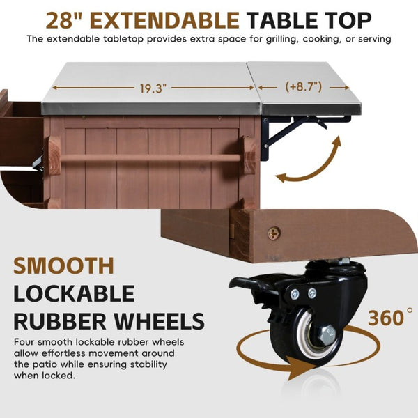 English Elm Topmax Outdoor Fir Wood BBQ Prep Cart Extendable Steel Top with Spice Rack Drawers Brown N717P417961D