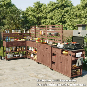 English Elm Topmax Outdoor Fir Wood BBQ Prep Cart Extendable Steel Top with Spice Rack Drawers Brown N717P417961D