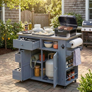 English Elm Topmax Outdoor Fir Wood BBQ Prep Cart Extendable Steel Top with Spice Rack Drawers Gray N717P417961E