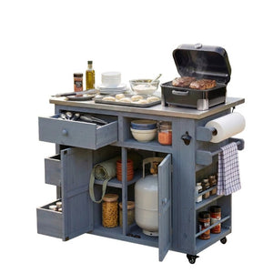 English Elm Topmax Outdoor Fir Wood BBQ Prep Cart Extendable Steel Top with Spice Rack Drawers Gray N717P417961E