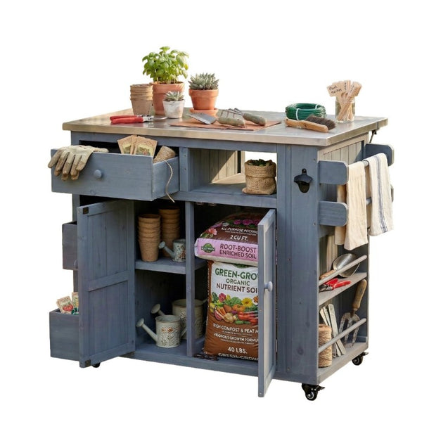 English Elm Topmax Outdoor Fir Wood BBQ Prep Cart Extendable Steel Top with Spice Rack Drawers Gray N717P417961E
