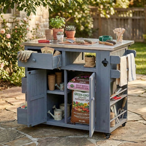 English Elm Topmax Outdoor Fir Wood BBQ Prep Cart Extendable Steel Top with Spice Rack Drawers Gray N717P417961E