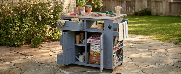 English Elm Topmax Outdoor Fir Wood BBQ Prep Cart Extendable Steel Top with Spice Rack Drawers Gray N717P417961E
