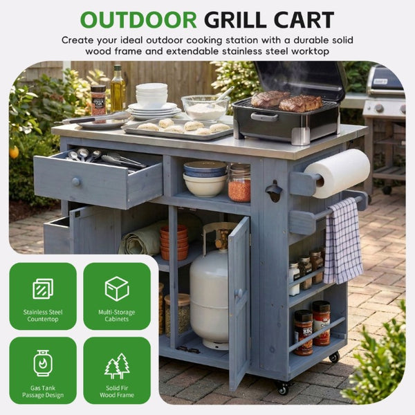 English Elm Topmax Outdoor Fir Wood BBQ Prep Cart Extendable Steel Top with Spice Rack Drawers Gray N717P417961E
