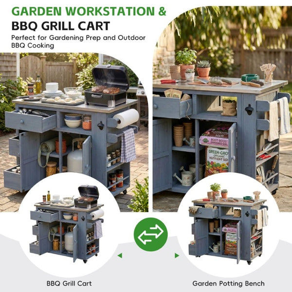 English Elm Topmax Outdoor Fir Wood BBQ Prep Cart Extendable Steel Top with Spice Rack Drawers Gray N717P417961E