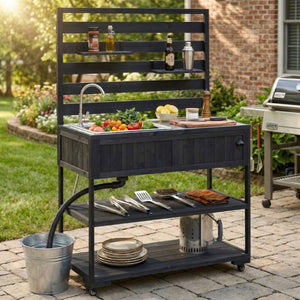 English Elm With Topmax Outdoor Rolling Kitchen Island Solid Fir Cart Stainless Sink and Lockable Wheels Black N717P417966B