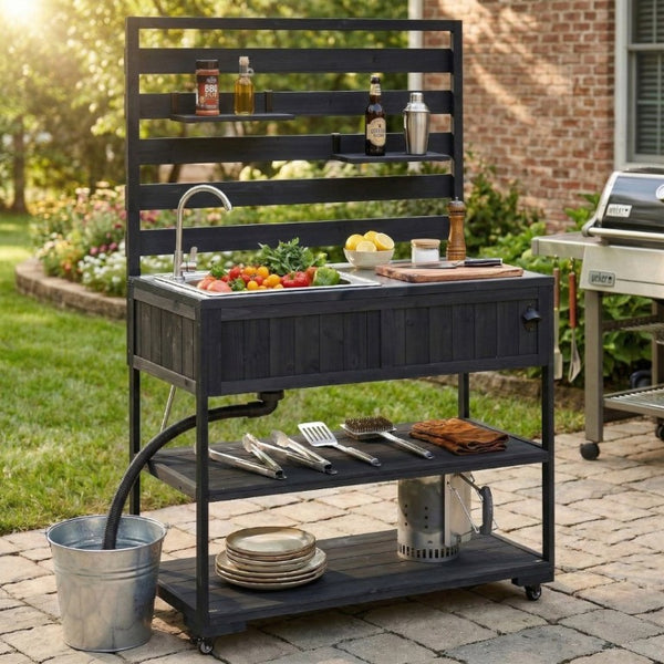 English Elm With Topmax Outdoor Rolling Kitchen Island Solid Fir Cart Stainless Sink and Lockable Wheels Black N717P417966B