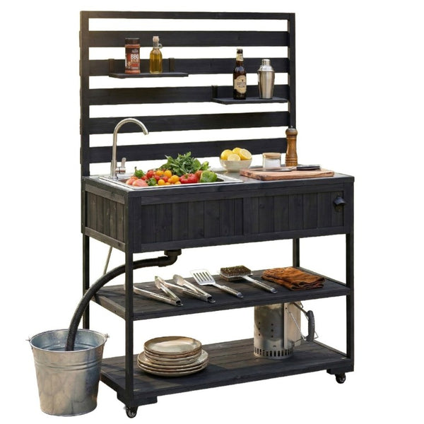 English Elm With Topmax Outdoor Rolling Kitchen Island Solid Fir Cart Stainless Sink and Lockable Wheels Black N717P417966B