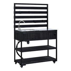 English Elm With Topmax Outdoor Rolling Kitchen Island Solid Fir Cart Stainless Sink and Lockable Wheels Black N717P417966B