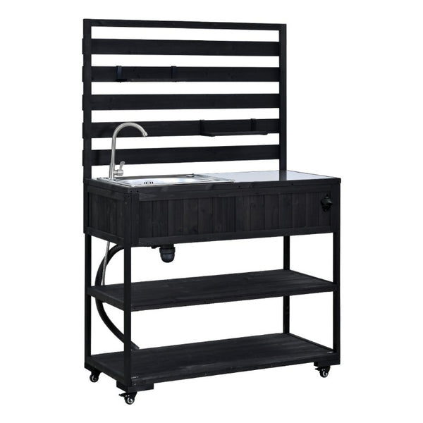 English Elm With Topmax Outdoor Rolling Kitchen Island Solid Fir Cart Stainless Sink and Lockable Wheels Black N717P417966B