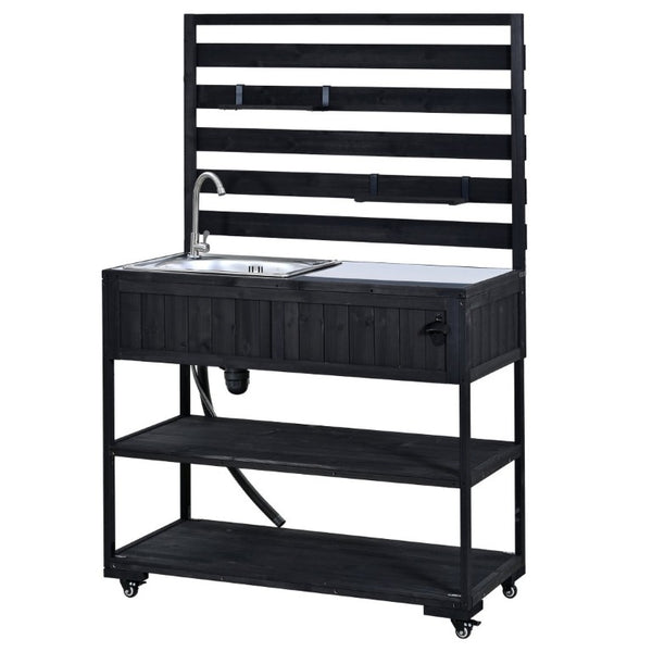 English Elm With Topmax Outdoor Rolling Kitchen Island Solid Fir Cart Stainless Sink and Lockable Wheels Black N717P417966B