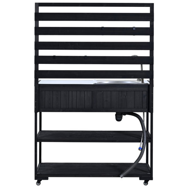 English Elm With Topmax Outdoor Rolling Kitchen Island Solid Fir Cart Stainless Sink and Lockable Wheels Black N717P417966B