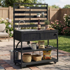 English Elm With Topmax Outdoor Rolling Kitchen Island Solid Fir Cart Stainless Sink and Lockable Wheels Black N717P417966B