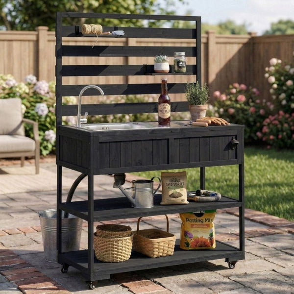English Elm With Topmax Outdoor Rolling Kitchen Island Solid Fir Cart Stainless Sink and Lockable Wheels Black N717P417966B