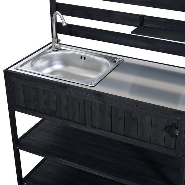 English Elm With Topmax Outdoor Rolling Kitchen Island Solid Fir Cart Stainless Sink and Lockable Wheels Black N717P417966B