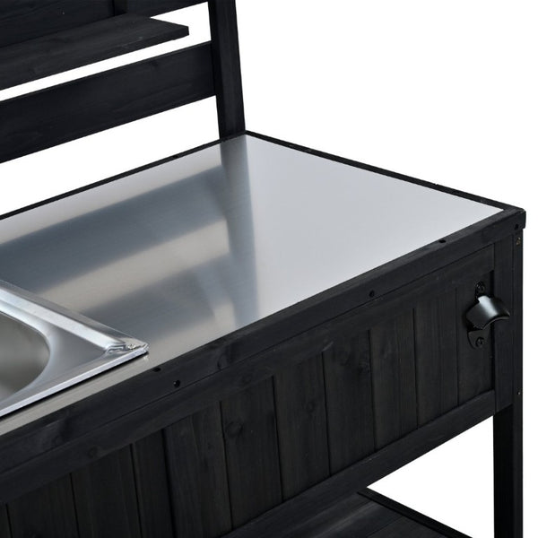 English Elm With Topmax Outdoor Rolling Kitchen Island Solid Fir Cart Stainless Sink and Lockable Wheels Black N717P417966B