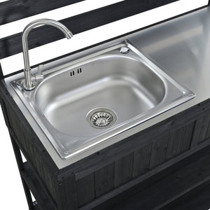 English Elm With Topmax Outdoor Rolling Kitchen Island Solid Fir Cart Stainless Sink and Lockable Wheels Black N717P417966B