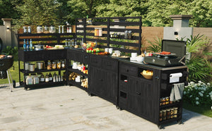 English Elm With Topmax Outdoor Rolling Kitchen Island Solid Fir Cart Stainless Sink and Lockable Wheels Black N717P417966B