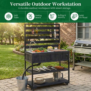 English Elm With Topmax Outdoor Rolling Kitchen Island Solid Fir Cart Stainless Sink and Lockable Wheels Black N717P417966B