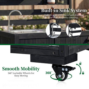 English Elm With Topmax Outdoor Rolling Kitchen Island Solid Fir Cart Stainless Sink and Lockable Wheels Black N717P417966B