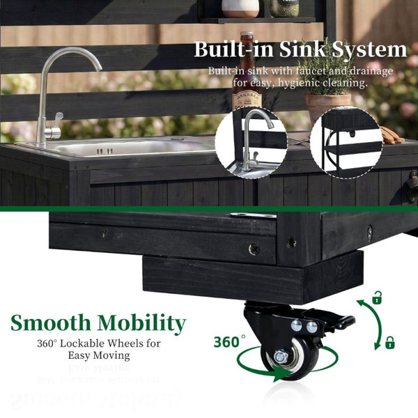 English Elm With Topmax Outdoor Rolling Kitchen Island Solid Fir Cart Stainless Sink and Lockable Wheels Black N717P417966B