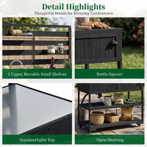 English Elm With Topmax Outdoor Rolling Kitchen Island Solid Fir Cart Stainless Sink and Lockable Wheels Black N717P417966B
