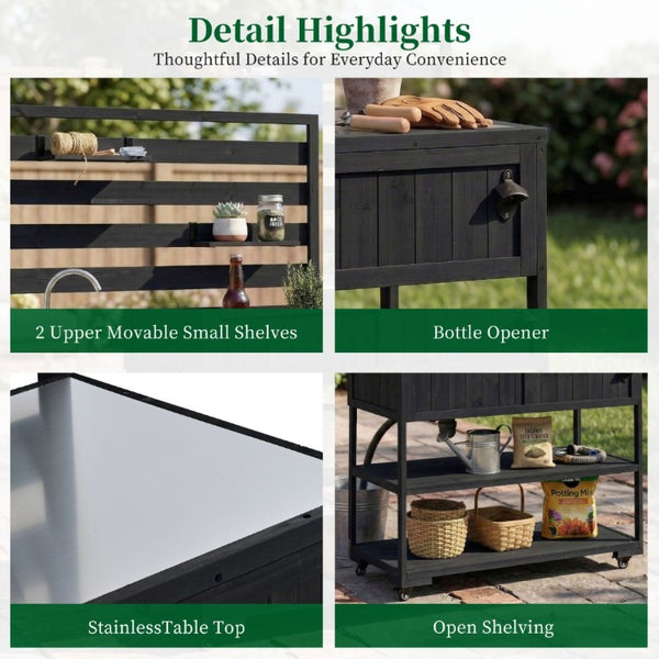 English Elm With Topmax Outdoor Rolling Kitchen Island Solid Fir Cart Stainless Sink and Lockable Wheels Black N717P417966B