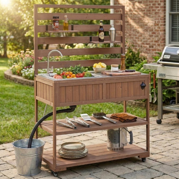 English Elm With Topmax Outdoor Rolling Kitchen Island Solid Fir Cart Stainless Sink and Lockable Wheels Brown N717P417966D