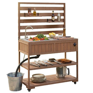 English Elm With Topmax Outdoor Rolling Kitchen Island Solid Fir Cart Stainless Sink and Lockable Wheels Brown N717P417966D