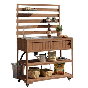 English Elm With Topmax Outdoor Rolling Kitchen Island Solid Fir Cart Stainless Sink and Lockable Wheels Brown N717P417966D