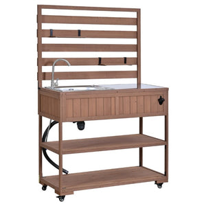 English Elm With Topmax Outdoor Rolling Kitchen Island Solid Fir Cart Stainless Sink and Lockable Wheels Brown N717P417966D