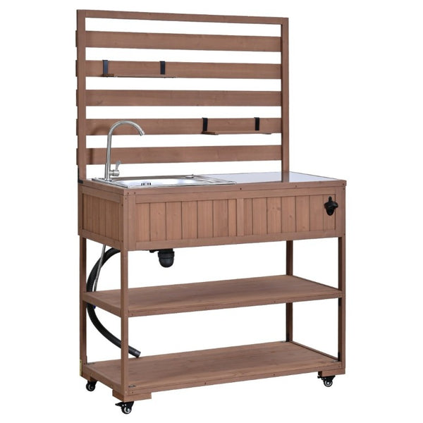 English Elm With Topmax Outdoor Rolling Kitchen Island Solid Fir Cart Stainless Sink and Lockable Wheels Brown N717P417966D