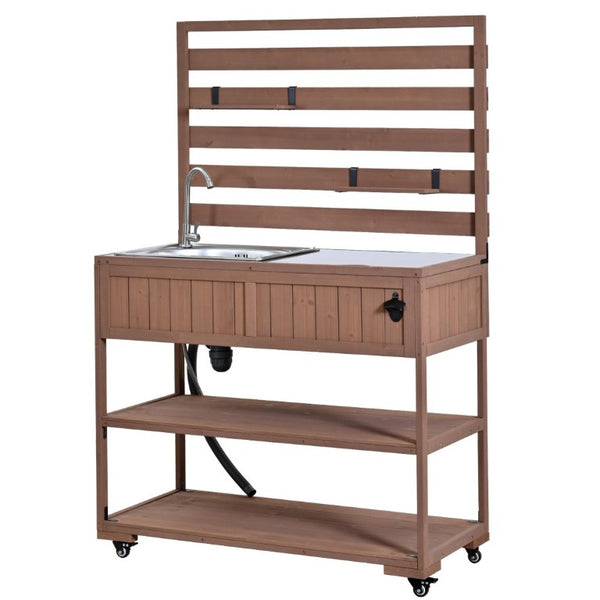English Elm With Topmax Outdoor Rolling Kitchen Island Solid Fir Cart Stainless Sink and Lockable Wheels Brown N717P417966D