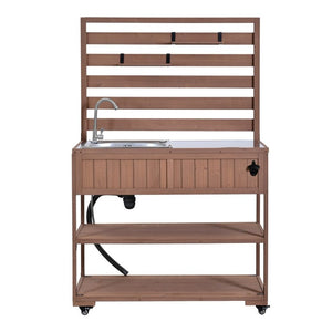 English Elm With Topmax Outdoor Rolling Kitchen Island Solid Fir Cart Stainless Sink and Lockable Wheels Brown N717P417966D