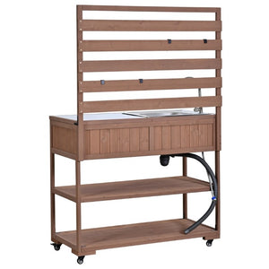 English Elm With Topmax Outdoor Rolling Kitchen Island Solid Fir Cart Stainless Sink and Lockable Wheels Brown N717P417966D